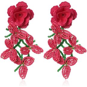 Plant Flower Earrings for Women, Braided Flower Tassel Earrings for Girls, Beaded Flower Floral Statement Dangle Earrings Hypoallergenic, Cute Flower Leaf Cluster Drop Earrings, Zinc, No Gemstone