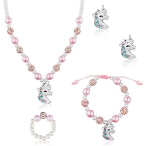 Ecation 6 Pcs Unicorn Gift for Girl Kid Unicorn Necklace Stretchy Bracelet Set with Hat Box and Card for Daughter Niece Jewelry Graduation Easter Gift