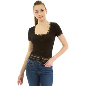 AmélieBoutik Women Scallop Scoop Neck Lace Hem Ribbed Blouse Shirt