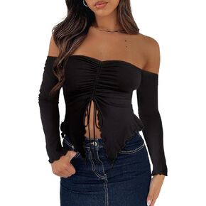 بلوزات نسائية بدون أكتاف ورباط أمامي وأكمام طويلة وحاشية غير متماثلة in Kuwait