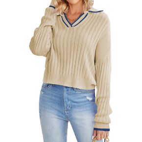 ZAFUL Womens 2024 Fall Top Long Sleeve Polo Collar Casual Sweater Cable Knitted V Neck Pullover Trendy Sweater Drop Shoulder