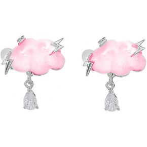 Cloud Lightning Rain Crystal Stud Earrings for Women Girls Sterling Silver Post Hypoallergenic Unique Cute 3D Pink Transparent Water Droplet Raindrop Weather Sparkly Rhinestone Cubic Zirconia Earrings for Jewelry Gifts