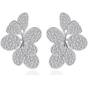 Delicate Luxury Flower Leaf Cubic Zirconia Crystal Statement Stud Earrings for Women Girls Dainty 925 Sterling Silver Post Diamond Fashion Trendy Jewelry Wedding Party Gift Her