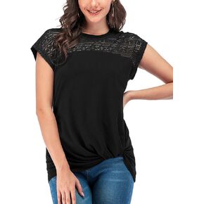 LUSMAY Womens Casual Short Sleeve Lace T Shirts Loose Twist Knot Front Blouse Tops