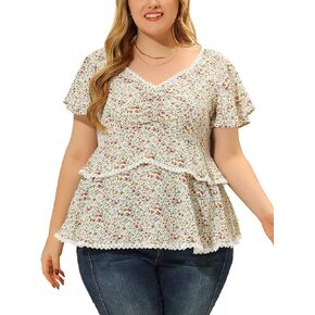 Agnes Orinda Plus Size Tiered Blouse for Women Floral Babydoll Sweetheart Ruffle Short Sleeve Top