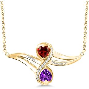 Gem Stone King 18K Yellow Gold Plated Silver Build Your Own Personalized Engraved Promise Love Birthstone 2 Heart Shape Fashion Mothers Name Women's Pendant Necklace with 18 Inch Silver Chain