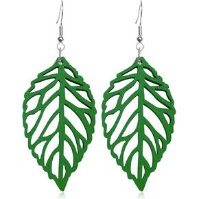 Handmade Bohemian Natural Wooden Leaf Dangle Drop Earrings Lightweight Vintage Hollow Feather Hook Earrings for Women Girls Teens Statement Boho Jewelry Gifts