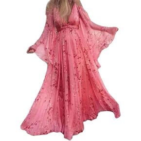 Womens Summer V-Neck Dress Floral Print Spaghetti Cold Shoulder Empire Waist Beach Maxi Dresses (Pink,XL) in Saudi Arabia