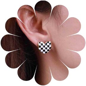 Aneneiceera Vintage Black White Heart Drop Earrings Acrylic Black White Checkered Heart Earrings Black White Striped Checkerboard Heart Dangle Earrings Love Heart Lattice Earrings Jewelry for Women and Girls