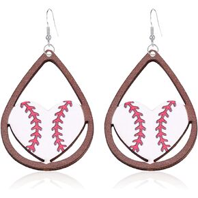 Wooden Sports Ball Earrings Heart Drop Dangle Earring Baseball Basketball Volleyball Football Earrings Sports Fans Players Jewelry Valentine's Day for Women Girls Teen