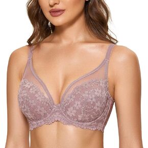 DOBREVA Women's Full Coverage Minimizer Lightly Lined Bra Lace Plus Size Underwire