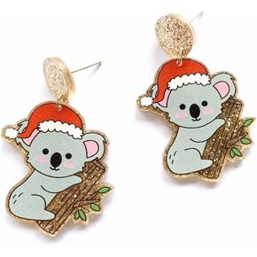 Cute Koala Dangle Drop Earrings Red Hat Tree Round Disc Animal Dangling Ear Piercing Charm Stud Earring Christmas Jewelry Gifts for Women Teen Girls Hypoallergenic