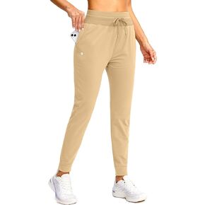 SANTINY Women's Fleece Lined Joggers Water Resistant High Waisted Thermal Sweatpants Winter Pants Hiking Running Pockets(Khaki_L)