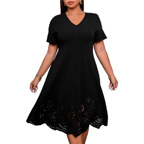 WDIRARA Women's Plus Size V Neck Scallop Trim Cut Out Short Sleeve A Line Swing Midi Dress