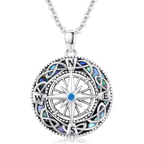 Twoowl Compass Necklace Sterling Silver Turquoise/Abalone Shell/Wave Pendant Friendship Talisman Travel Necklace Jewelry Gifts for Women Men