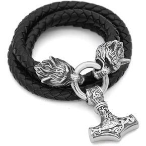 GuoShuang Men Norse Viking Stainless Steel amulet odin's wolf with Thor hammer MJOLNIR Pendant Necklace