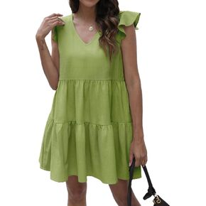 فستان تشيني قصير فضفاض بأكمام مكشكشة ورقبة على شكل حرف V فستان كاجوال فستان صيفي قصير للنساء والفتيات in Kuwait