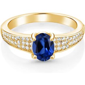 Gem Stone King 18K Yellow Gold Plated Silver Blue Created Sapphire Engagement Ring For Women (2.08 Cttw, Oval 8X6MM, Gemstone September Birthstone, Available In Size 5, 6, 7, 8, 9)