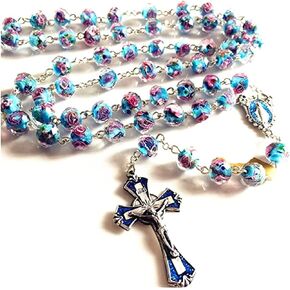 elegantmedical HANDMADE Bule Veluriyam Beads Rosary Necklace Crucifix Cross Catholic Gift