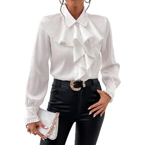 OYOANGLE Women's Elegant Solid Ruffle Trim Flounce Long Sleeve Button Down Work Office Blouse Shirt Top