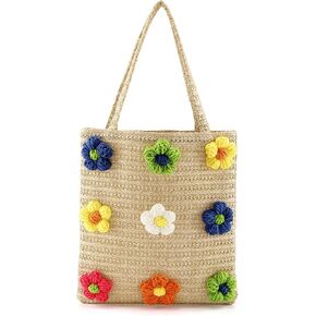 شيك يوميات حقيبة القش للنساء المنسوجة يدويا الصيف حقيبة يد للشاطئ مع الزهور حقيبة هوبو حقيبة كتف حقيبة شاطئية كبيرة in Kuwait