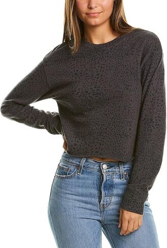 Monrow Women's Mini Cheetah Cut Off Boyfriend Sweatshirt, Vintage Black, Large in Saudi Arabia