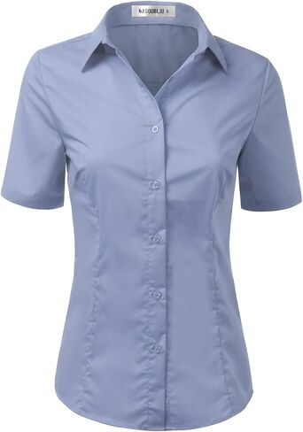 DOUBLJU Slim Fit Plain Classic Shirts Short Sleeve Button Down Collared Dressy Casual Work Blouse for Womens with Plus Size in Saudi Arabia