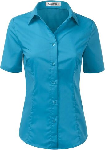 DOUBLJU Slim Fit Plain Classic Shirts Short Sleeve Button Down Collared Dressy Casual Work Blouse for Womens with Plus Size in Saudi Arabia