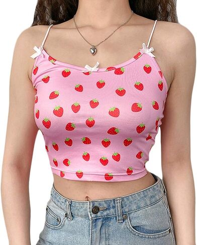 المرأة الحلو الفراولة طباعة السباغيتي الأشرطة المحاصيل الأعلى الصيف كامي أنبوب قمم in Kuwait