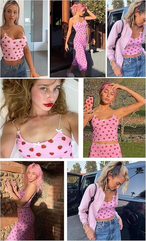 المرأة الحلو الفراولة طباعة السباغيتي الأشرطة المحاصيل الأعلى الصيف كامي أنبوب قمم in Kuwait