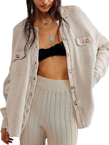 سترة Freyhem النسائية ذات الحجم الكبير من نسيج الوافل وسترة كشفية واحدة للصديق بأزرار سفلية وأكمام طويلة دولمان in Kuwait