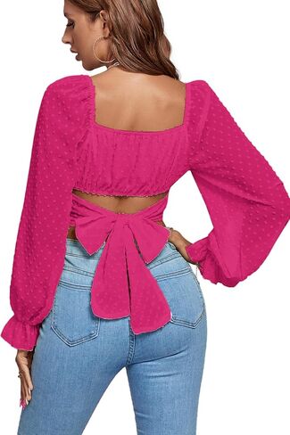 LYANER Women's Polka Dots Square Neck Wraped Self Tie Back Sheer Long Sleeve Crop Blouse Shirt Top in Saudi Arabia
