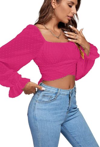LYANER Women's Polka Dots Square Neck Wraped Self Tie Back Sheer Long Sleeve Crop Blouse Shirt Top in Saudi Arabia