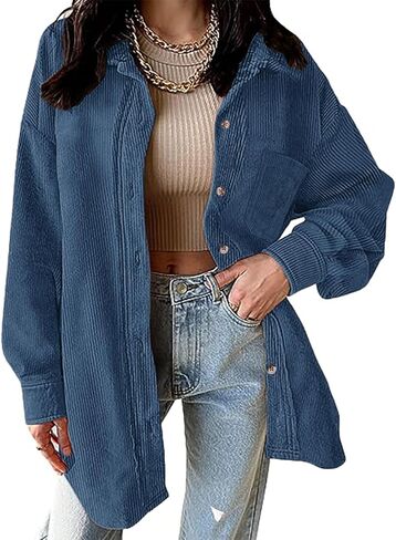 Necooer Womens Corduroy Shirts Button Down Long Sleeve Blouses Boyfriend Tops Oversized Jacket in Kuwait