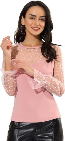 Allegra K Women's Round Neck Heart Dots Sheer Blouse Long Mesh Sleeve Top in Saudi Arabia