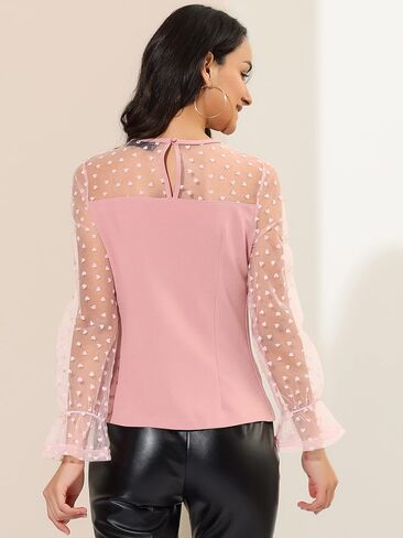 Allegra K Women's Round Neck Heart Dots Sheer Blouse Long Mesh Sleeve Top in Saudi Arabia