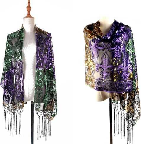 إكسسوارات زي ماردي غرا، تنورة ملفوفة بالترتر ووشاح شال وعصابة رأس، أزياء ماردي غرا للنساء، تنانير شرابة من الترتر، تنورة رقص شرقي للفتيات في عيد ماردي غرا باتريك in Kuwait