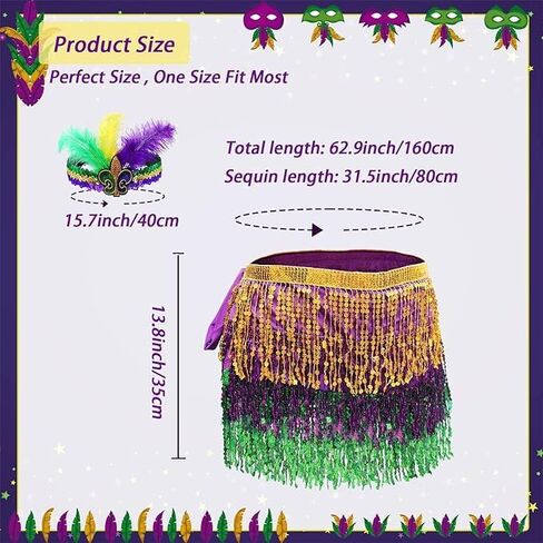 إكسسوارات زي ماردي غرا، تنورة ملفوفة بالترتر ووشاح شال وعصابة رأس، أزياء ماردي غرا للنساء، تنانير شرابة من الترتر، تنورة رقص شرقي للفتيات في عيد ماردي غرا باتريك in Kuwait