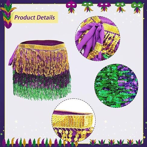 إكسسوارات زي ماردي غرا، تنورة ملفوفة بالترتر ووشاح شال وعصابة رأس، أزياء ماردي غرا للنساء، تنانير شرابة من الترتر، تنورة رقص شرقي للفتيات في عيد ماردي غرا باتريك in Kuwait