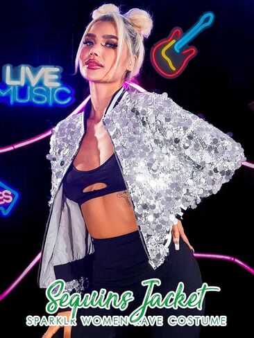 EASEDAILY Women's Sequin Jackets Sparkle Cropped Bomber Jacket Coat Zip Up Blazer Rave Outfit with Pockets in Saudi Arabia