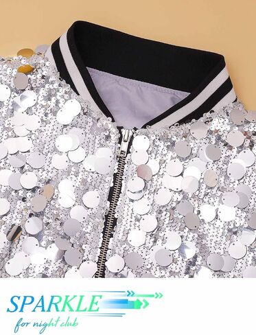 EASEDAILY Women's Sequin Jackets Sparkle Cropped Bomber Jacket Coat Zip Up Blazer Rave Outfit with Pockets in Saudi Arabia
