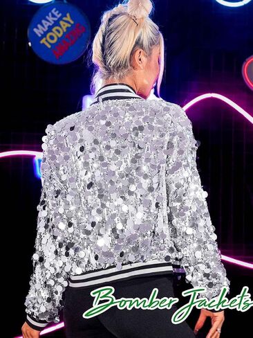 EASEDAILY Women's Sequin Jackets Sparkle Cropped Bomber Jacket Coat Zip Up Blazer Rave Outfit with Pockets in Saudi Arabia