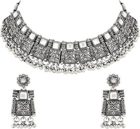 I Jewels Antique Silver Oxidized Ethnic Indian Wedding Bollywood Afghani Choker Necklace Jewellery Set for Women (MC139OX) in Saudi Arabia