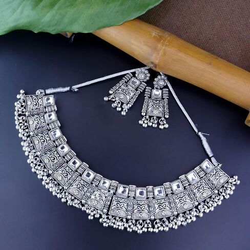 I Jewels Antique Silver Oxidized Ethnic Indian Wedding Bollywood Afghani Choker Necklace Jewellery Set for Women (MC139OX) in Saudi Arabia