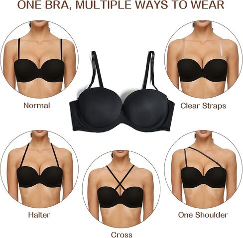 Women's Strapless Push Up Thick Padded Bra with Convertible Clear Straps Underwired Lift Up Supportive T-Shirt Bras in Saudi Arabia