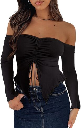 بلوزات نسائية بدون أكتاف ورباط أمامي وأكمام طويلة وحاشية غير متماثلة in Kuwait