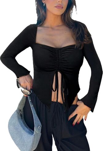 بلوزات نسائية بدون أكتاف ورباط أمامي وأكمام طويلة وحاشية غير متماثلة in Kuwait