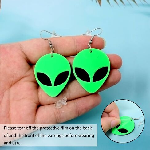 yueton 1 Pair of Fashion Funny Cool Neon Green Alien Head Pendant Dangle Drop Earrings Novelty Personalized Cute Cartoon Spaceman Alien Earrings Creative Unique Punk Acrylic Earrings Rave Earrings in Saudi Arabia
