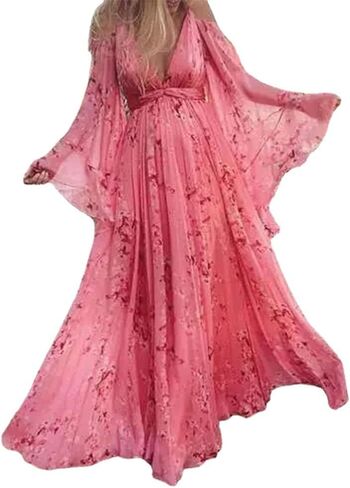 Womens Summer V-Neck Dress Floral Print Spaghetti Cold Shoulder Empire Waist Beach Maxi Dresses (Pink,XL) in Saudi Arabia