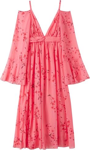 Womens Summer V-Neck Dress Floral Print Spaghetti Cold Shoulder Empire Waist Beach Maxi Dresses (Pink,XL) in Saudi Arabia